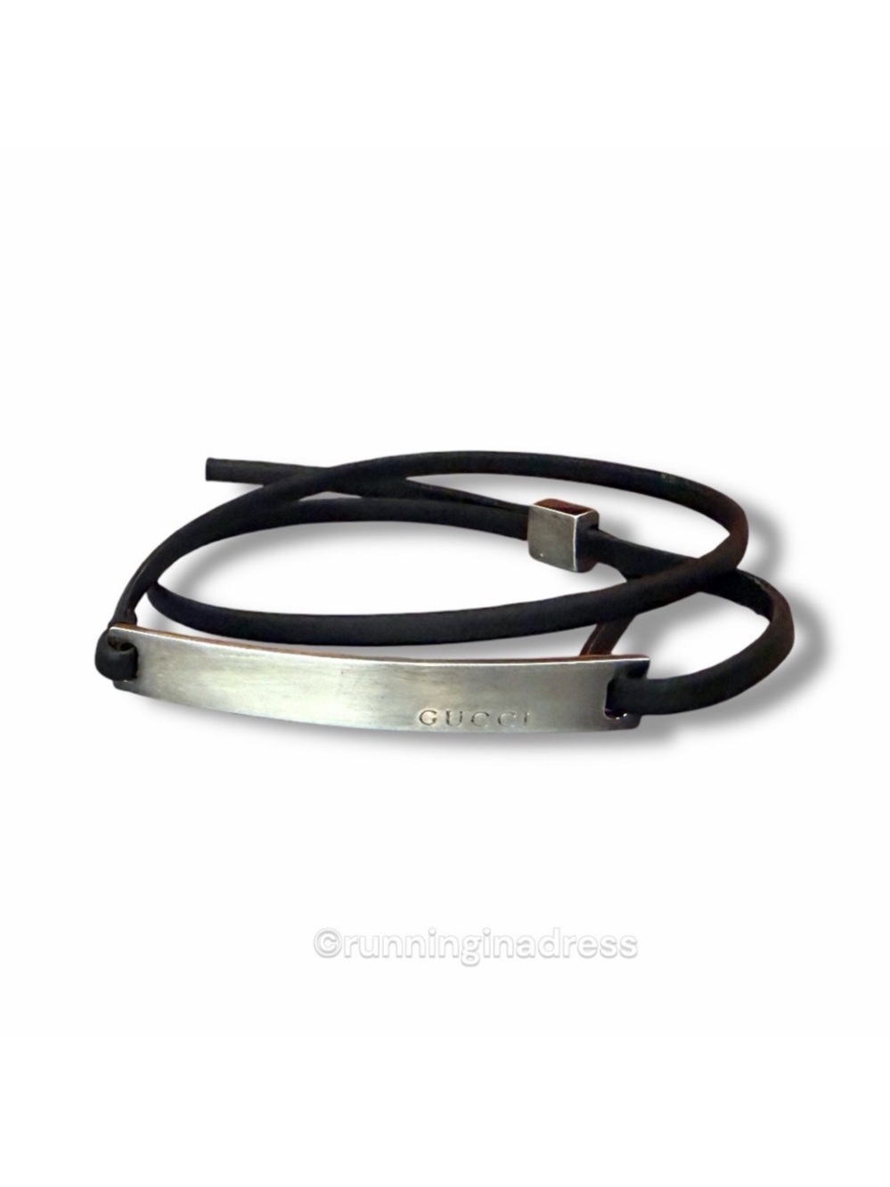 Authentic Y2K Gucci Sterling & Leather Silver Logo Bar Choker Wrap Bracelet